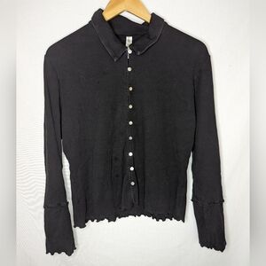 Soft Focus Black Ribbed Collared Ruffled Button Cardigan Size XL